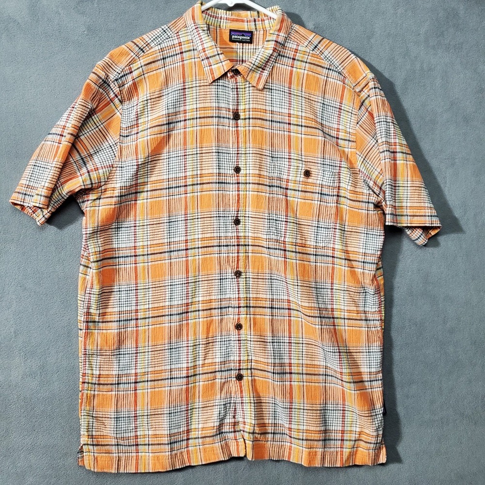 Patagonia Shirt Mens Large Orange Plaid Textured Short Sleeve Outdoor Hiking